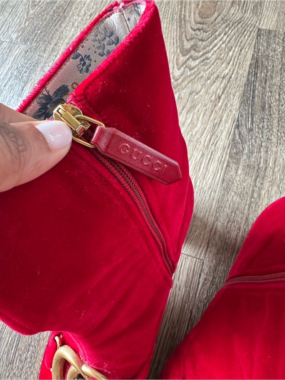 Gucci Red Velvet GG Marmont Ankle Boots with Gold Logo - Picture 3 of 5